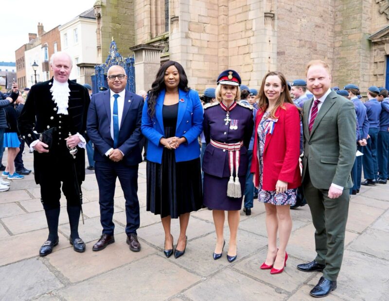 (L-R) High Sheriff of Derbyshire Sir Richard FitzHerbert, Baggy Shanker MP, Nicolle Ndweni-Roberts PCC, Elizabeth Fothergill CBE, Catherine Atkinson MP, and Jonathan Davies MP.