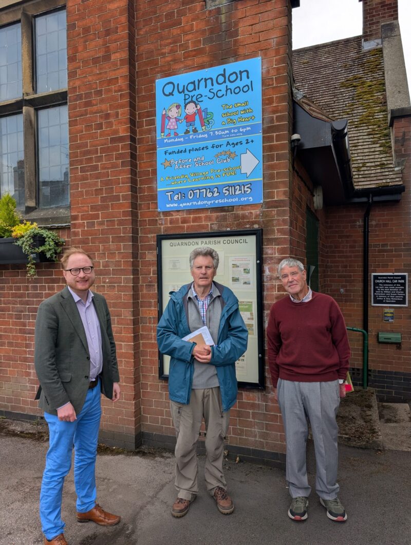 Jonathan Davies MP with Gerald Price from Quarndon Neighbourhood Watch and Matthew Pitt Chair of Quarndon Parish Council.