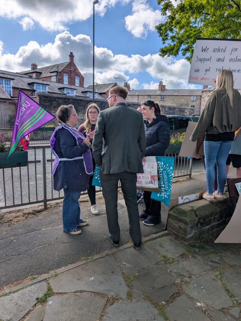 Jonathan Davies MP talking to St Elizabeth teachers on the picket line.